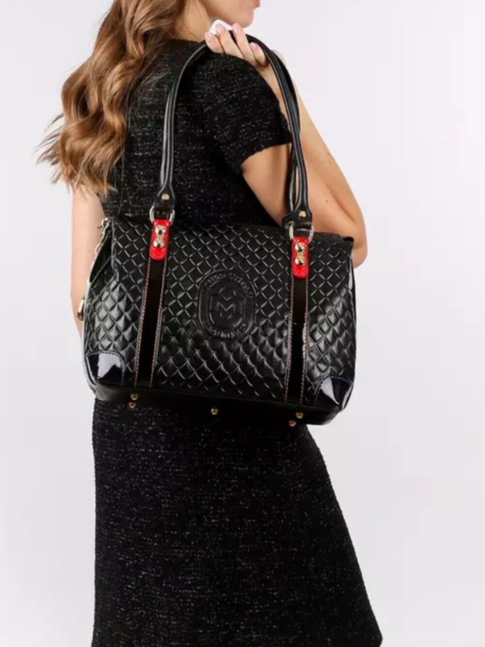 MARINO ORLANDI LARGE BLACK QUILTED LEATHER TOTE SHOULDER BAG GOLDTONE HARDWARE